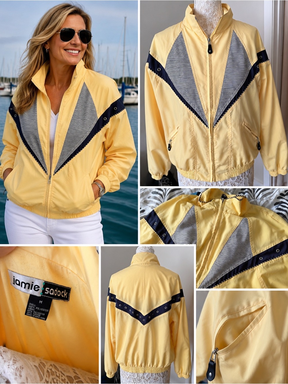 Jamie Sadock Vintage Colorblock Windbreaker Jacket M Yellow Navy Striped R